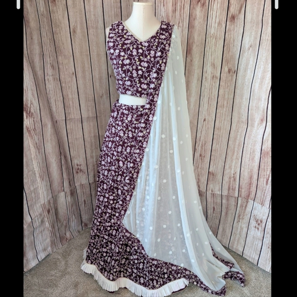 Wine & White Embroidered Lehenga Choli Set